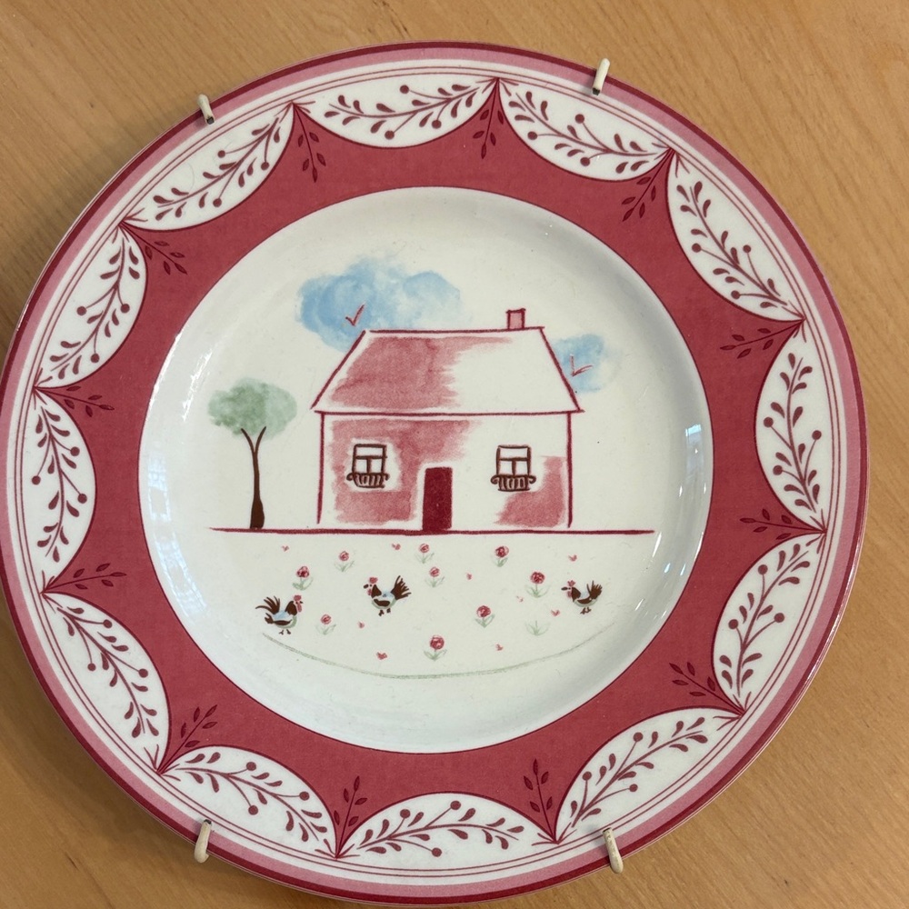Johnson Bros. Hand-Painted Cottage Scene Decorative Plate - Rose Red and Cream.
